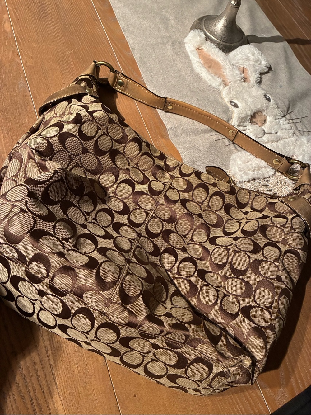 Coach Brown Signature Canvas Shoulder Bag with Tan Leather Trim